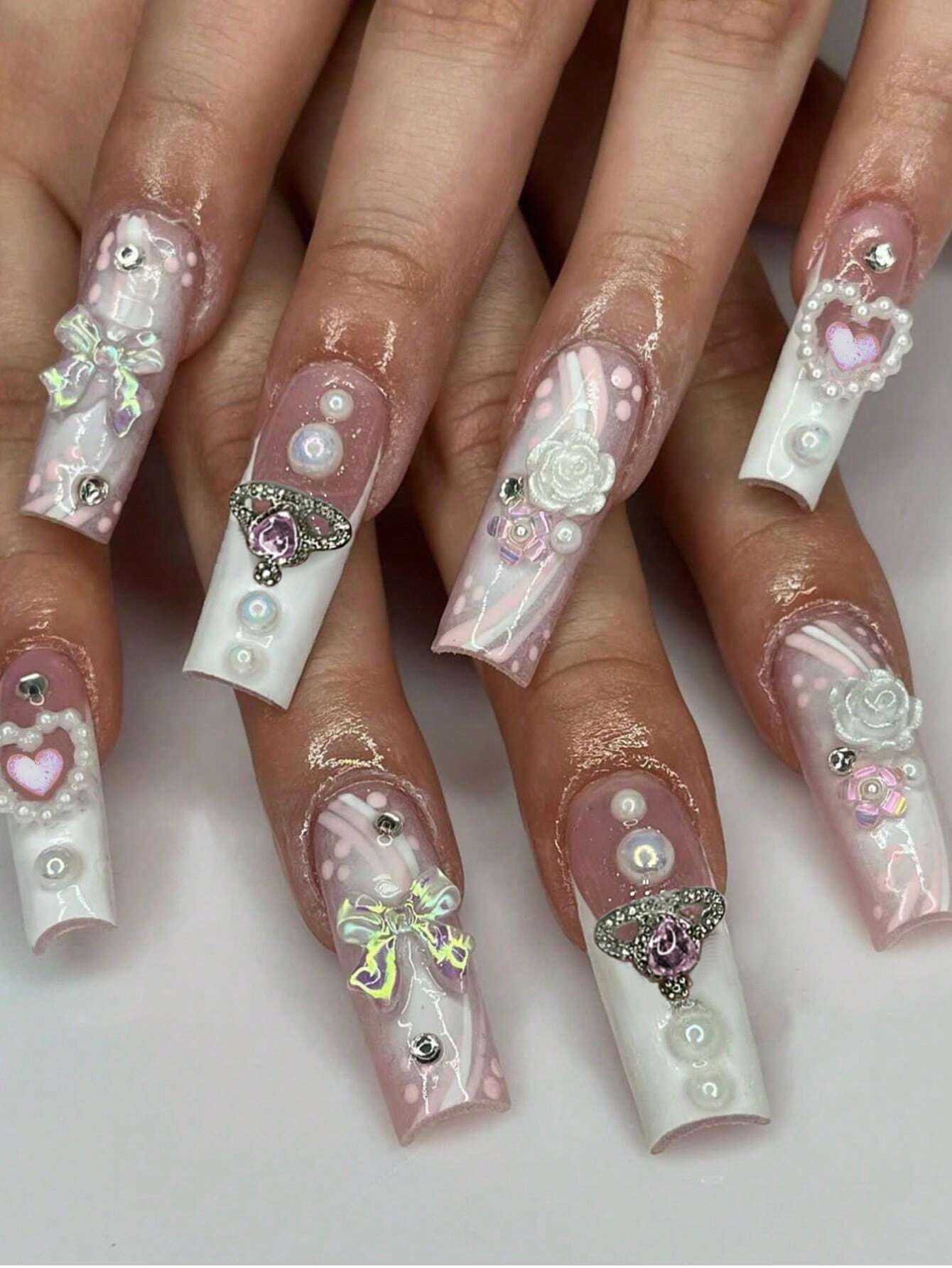 Removable Bow, Planet, Pearl, Heart, and Camellia Nail Tips