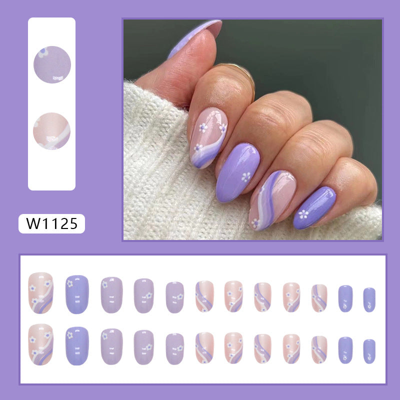 Oval Purple Patterned Nails, Gentle and Fresh for Summer