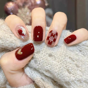 Removable Maroon Nails - Checkerboard Heart Stickers