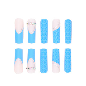 3D Heart Long Waterpipe Nails with Blue Sparkle