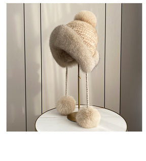 Women's Warm Faux Fur Lined Fox Ear Flap Hat with Real Rabbit Fur Pom Pom