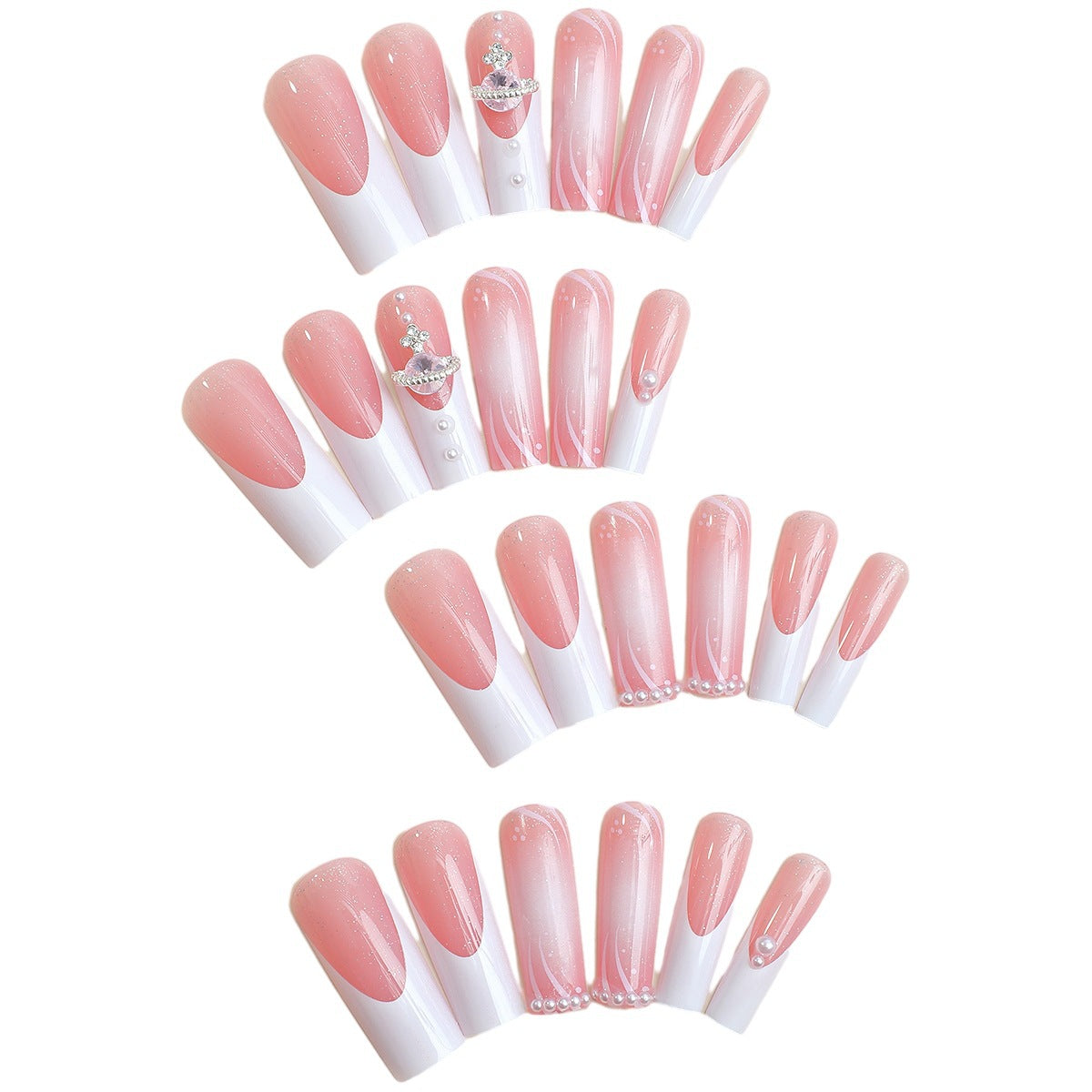 Long Detachable Nail Tips with Rhinestones and Pearl White Edge