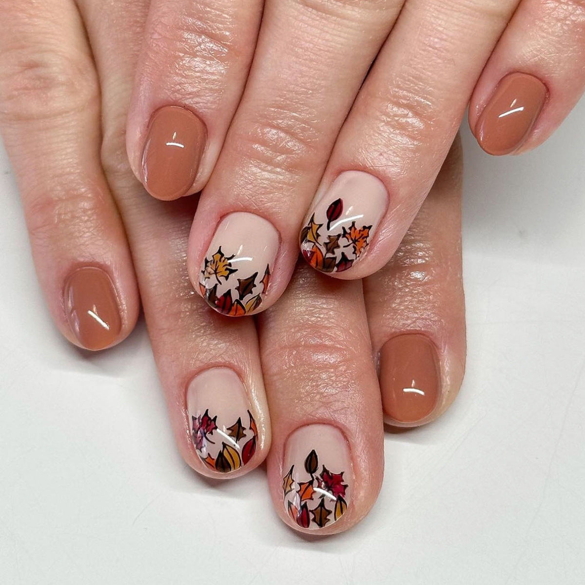 Autumn Coffee Brown Short Square Leaf Design Nail Tips