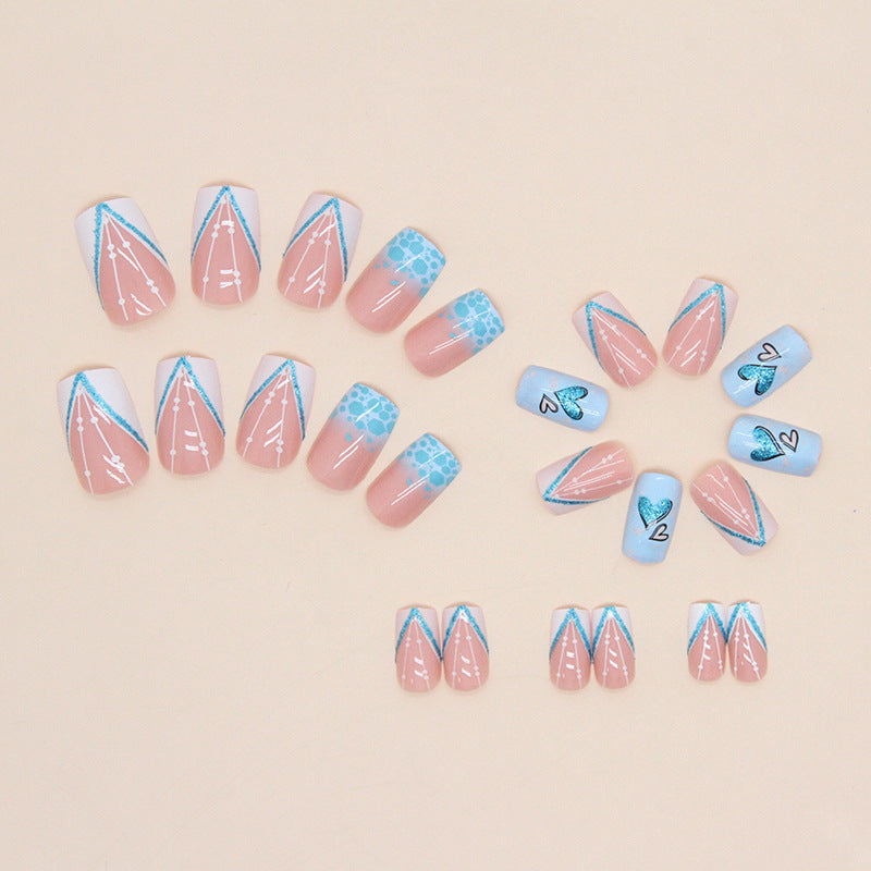 Fresh Blue Heart Glitter Nails Mid-Length Euro Square Sweet Cool Wearable Nails