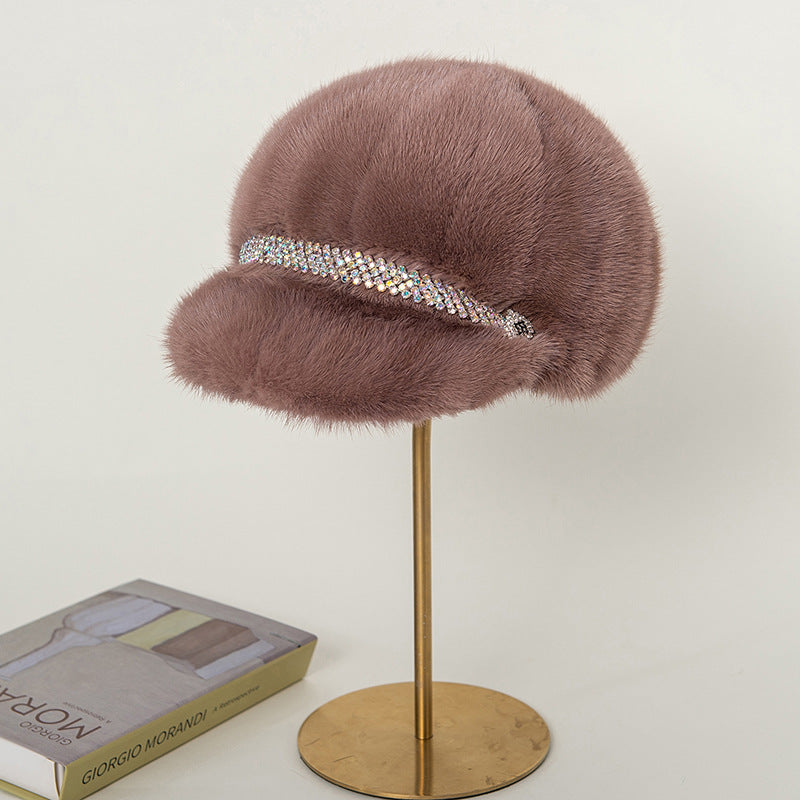 Warm Real Fur Trapper Hat with Rhinestones