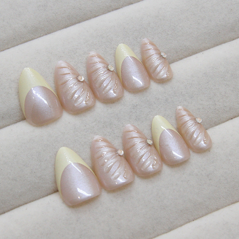 Simple French 3D Shell Nails, Almond Shape, 30 Pieces