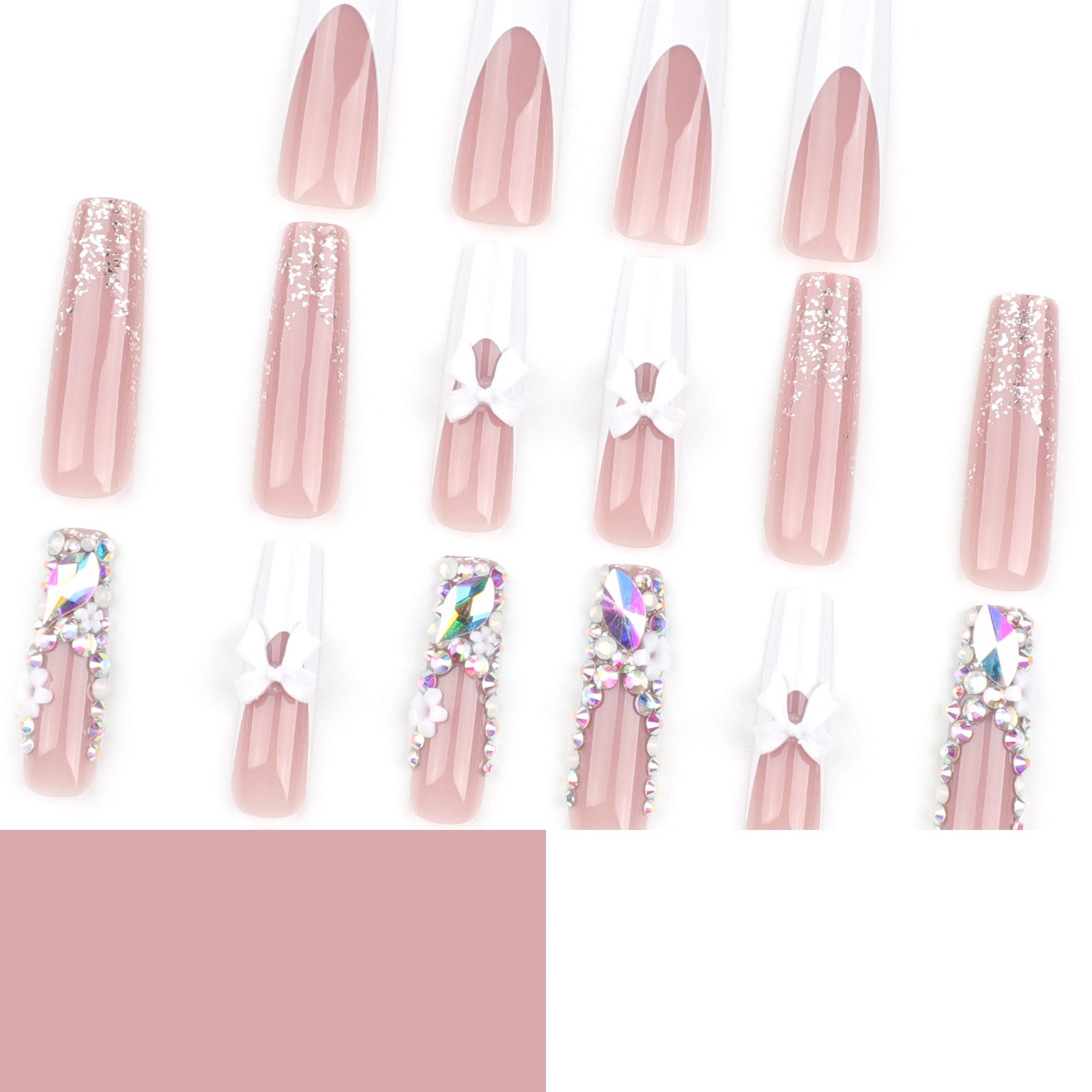 Wholesale Flashy Diamond French Nail Art Tips, White Bow and Flower Squares