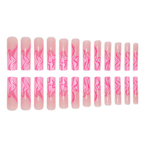 24 Long Pink Stripe Glitter Nail Tips, Sweet INS Style