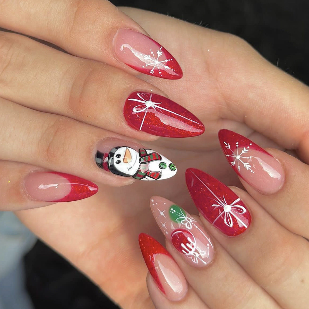 Christmas Almond Red French Snowflake Bow Snowman Ball Nails