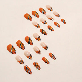 Round Tip Almond Nails, Orange and Black Halloween Design