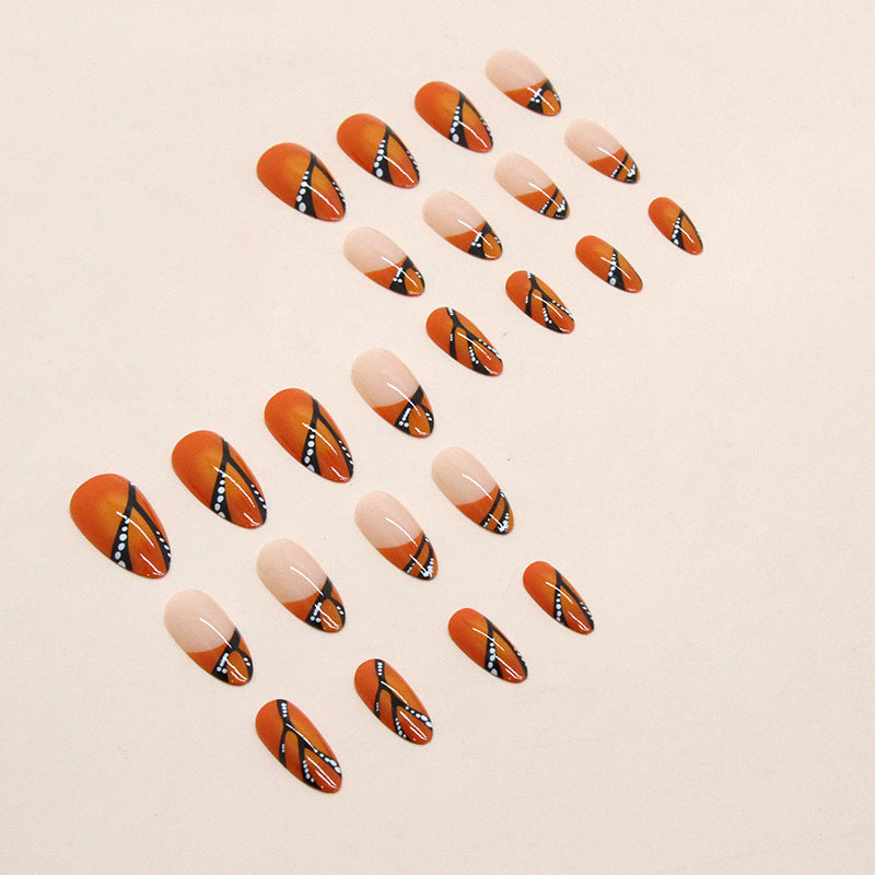 Round Tip Almond Nails, Orange and Black Halloween Design