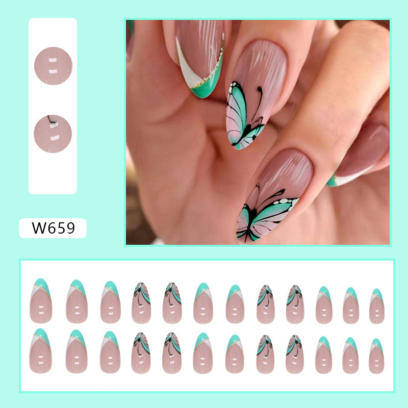 Triangular French Green Almond Nails with Butterfly Design