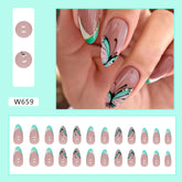 Triangular French Green Almond Nails with Butterfly Design