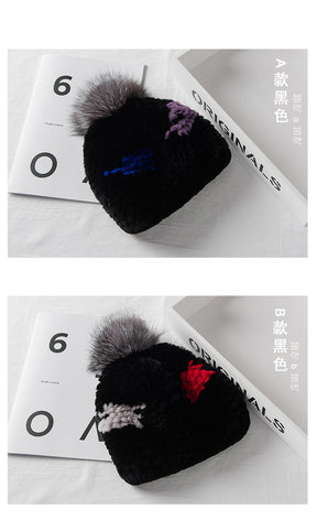 Winter Fashion Real Rabbit Fur Hat with Fox Pom Pom