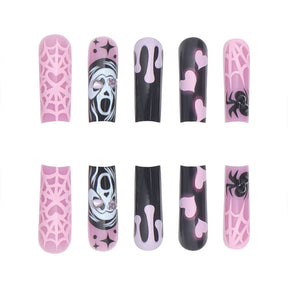 Spooky Fall Nails: Diamond-Accent Long Waterpipe Nail Tips with Heart, Spider, Skull Designs