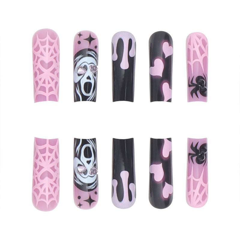 Spooky Fall Nails: Diamond-Accent Long Waterpipe Nail Tips with Heart, Spider, Skull Designs