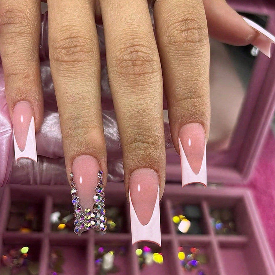 Trendy French Tip Crystal Long Nails