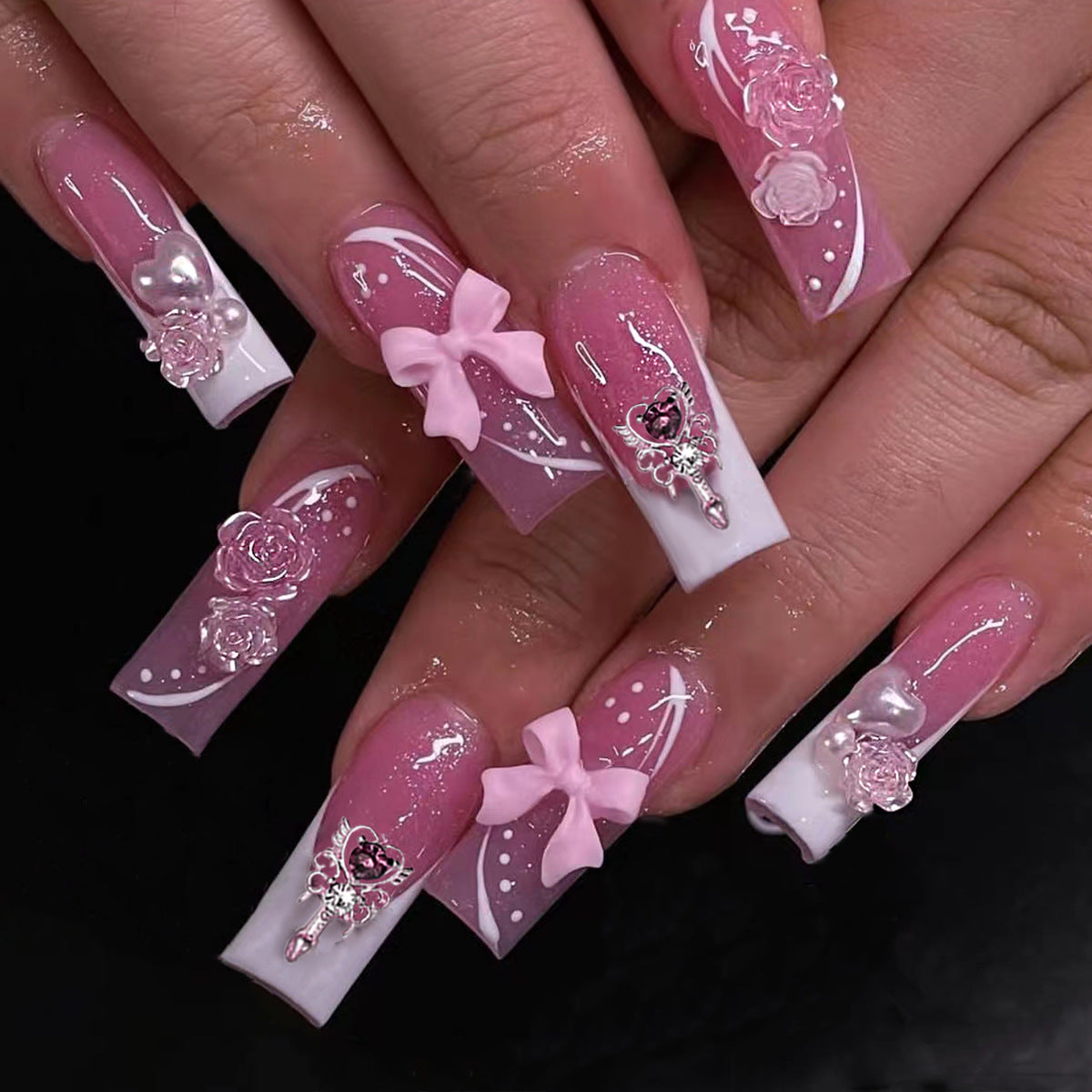 Long Pink Bear Heart Star Nail Tips, Cute and Chic