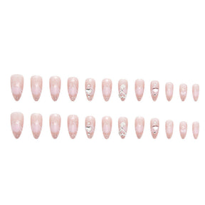 Charming Pink Gradient Heart Crystal Nail Tips - Round Almond Shape