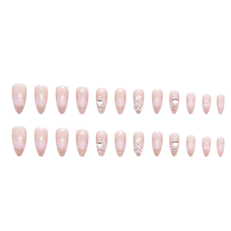 Charming Pink Gradient Heart Crystal Nail Tips - Round Almond Shape