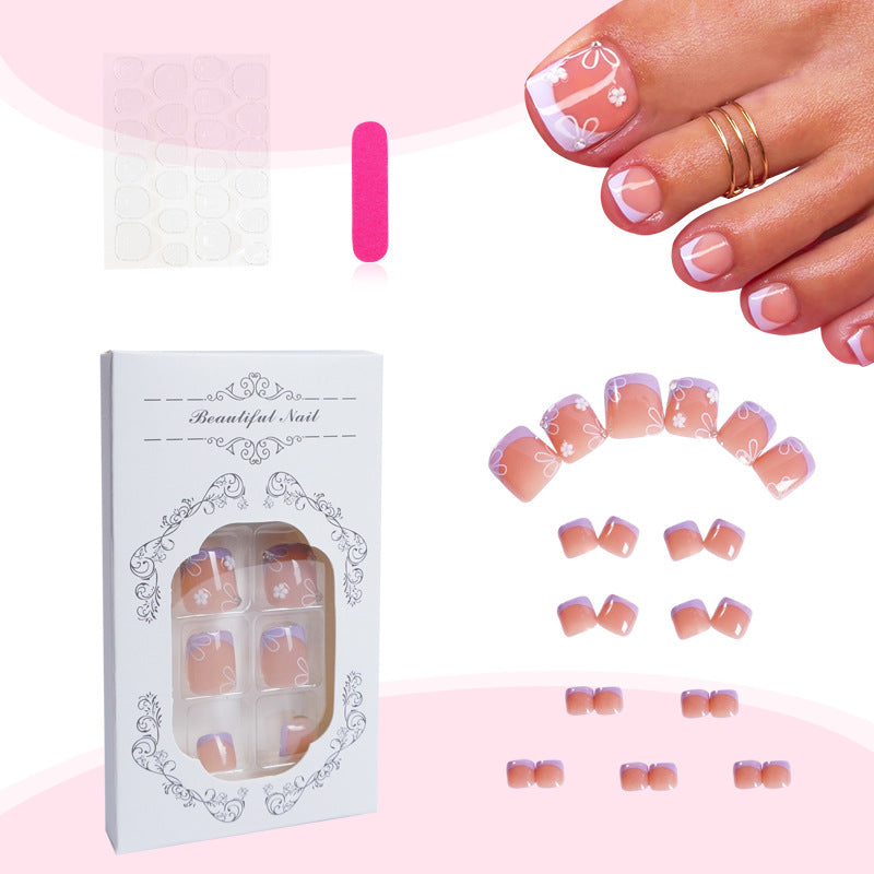 Floral French Toe Nails - White Edge, Soft Pink