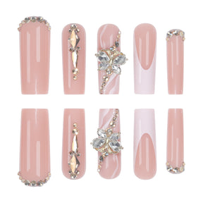 Long French Champagne Gold Bow Nail Tips