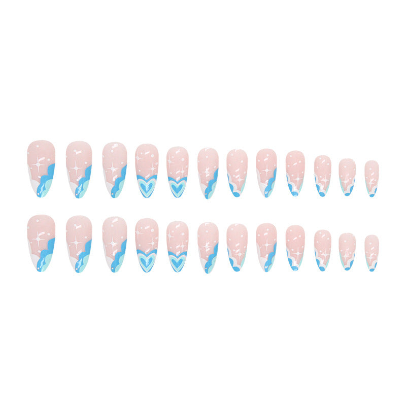 Cool Lake Blue Heart French Nails, Sweet and Stylish