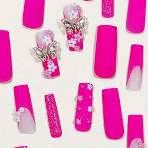 Sexy Pure Pink Nails with Diamond and Flower Accents