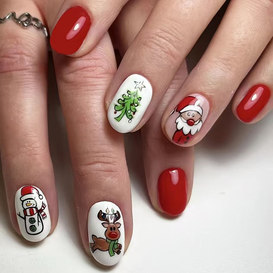 Shiny Short Christmas Nail Tips with Santa and Reindeer