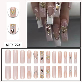 24-Piece Long French Nail Extensions with Diamonds, Butterflies