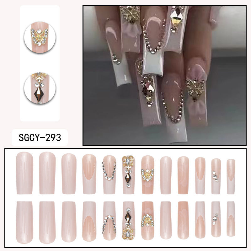 24-Piece Long French Nail Extensions with Diamonds, Butterflies