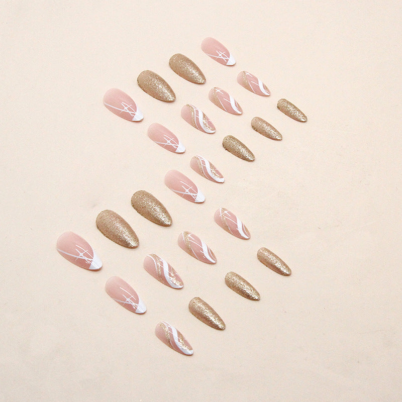 White Star Ripple Flashy Champagne Almond Nails Euro Wearable Nails Wholesale