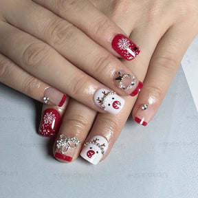 Short Ballet Shape Christmas Pearl Bow Deer False Nails