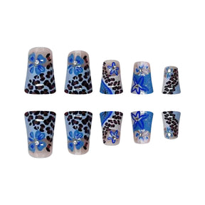 Summer Wave French Leopard Duckbill Nail Tips with 3D Rhinestones