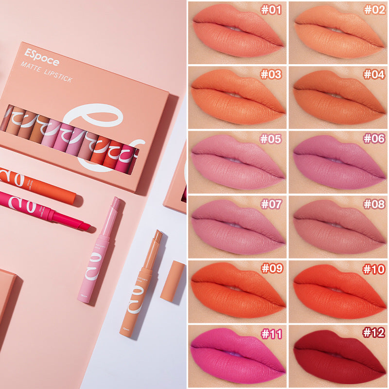 12-Color Velvet Matte Lipstick Set, Long-Lasting and Hydrating