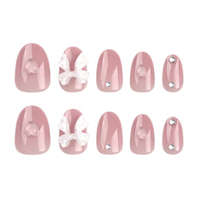 Nude Pink Fall Nails - White Bow and Heart Tips