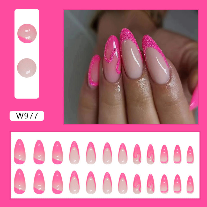 Rose Gradient French Nails, Sparkle Round Almond Shape