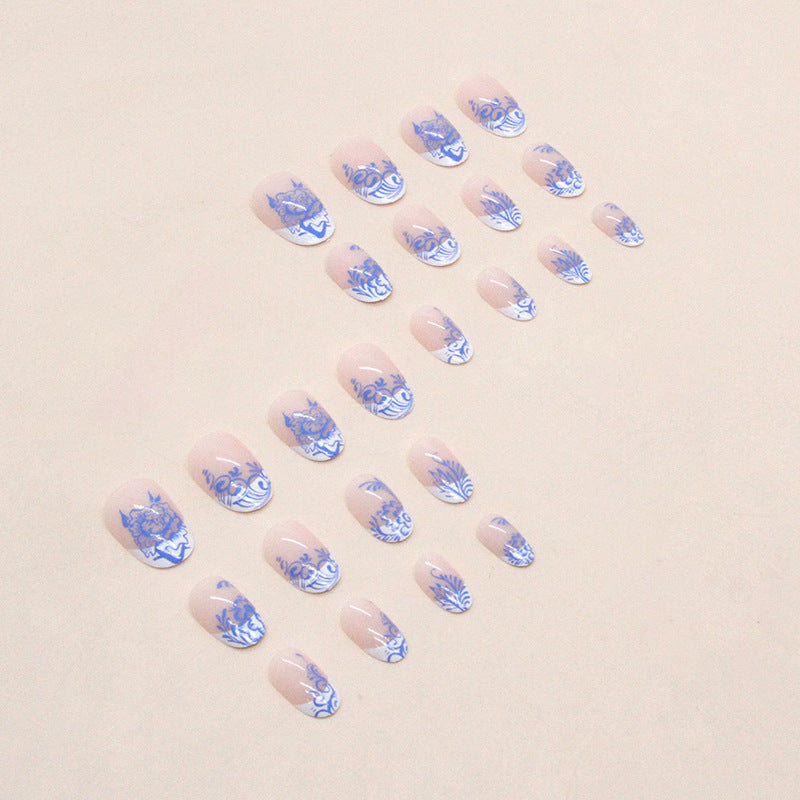 Chinese Style Round Tip Nails - Blue and White, Morandi Flowers