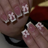 Short White French Pink Bow Nail Tips