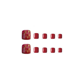 Removable Wine Red Gold Foil Line Toe Nail Tips