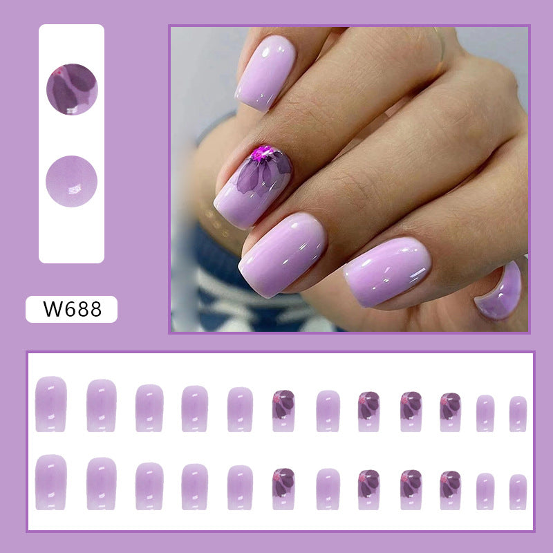 24-Piece Gradient Purple Nails - Blush Tones, Floral Design, Elegant