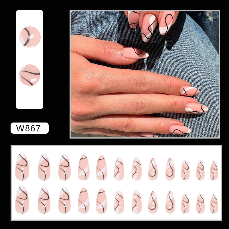 Pure Desire Duo-Tone Black White Wave Line Nails Euro Ins Style Almond Nails