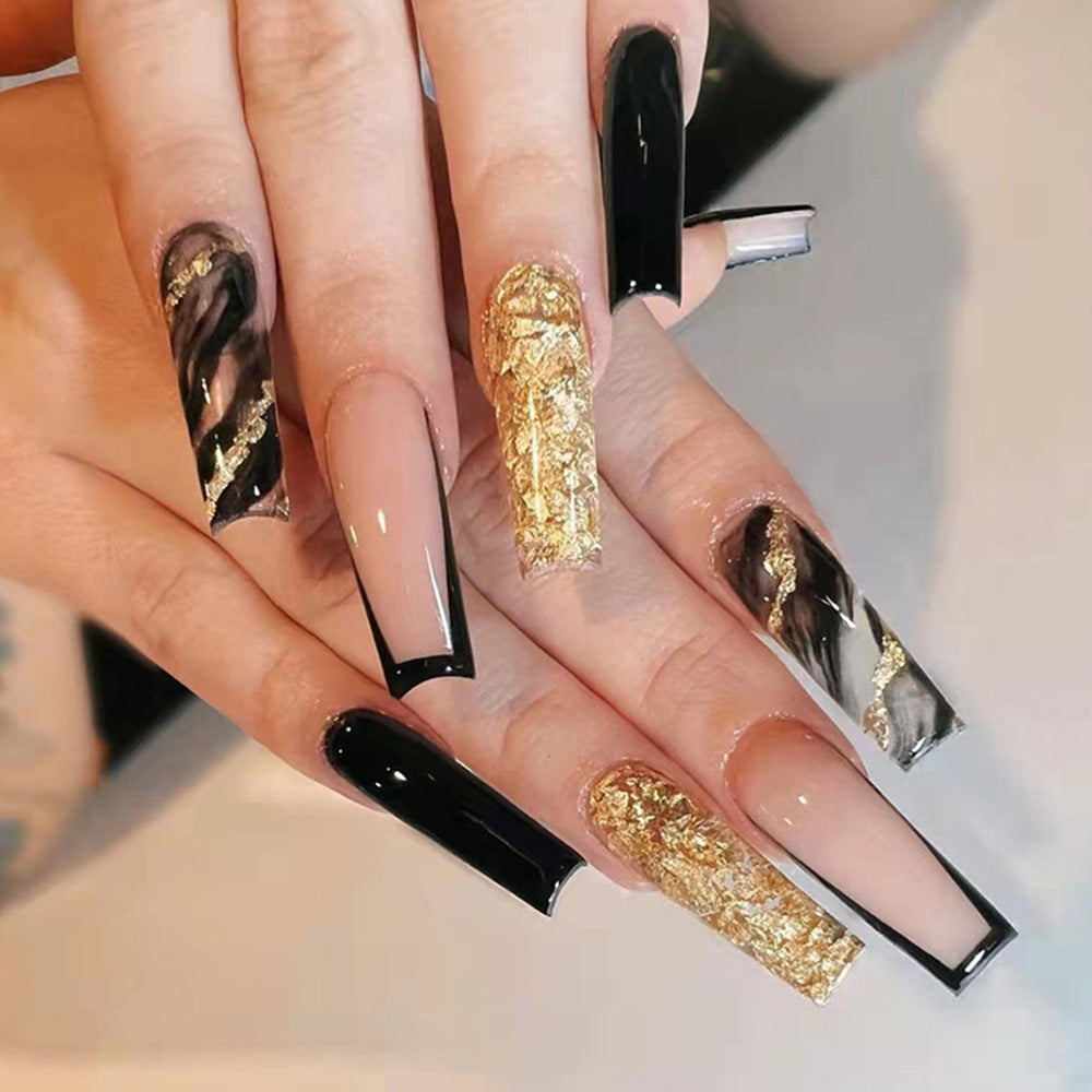 24-Piece Shiny Black Gold Long Nails, Glamorous European Style