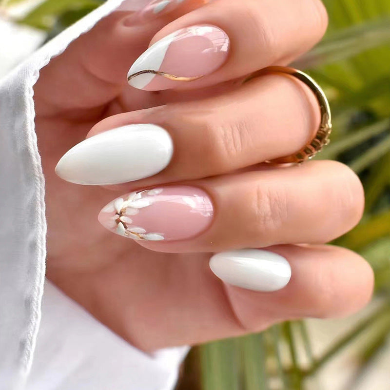 Soft Pink Desire White French Falling Petal Nails Almond Shape Ready-to-Wear Nails Wholesale