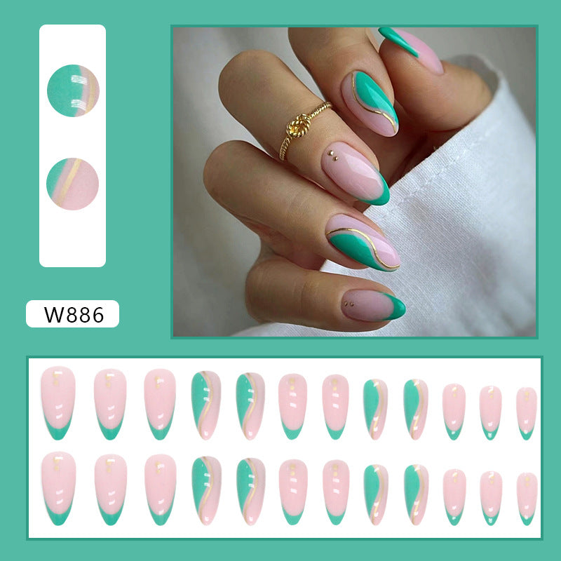 Fresh Forest Green Wave Gold Line Nails Round Almond Euro Export Fake Nails