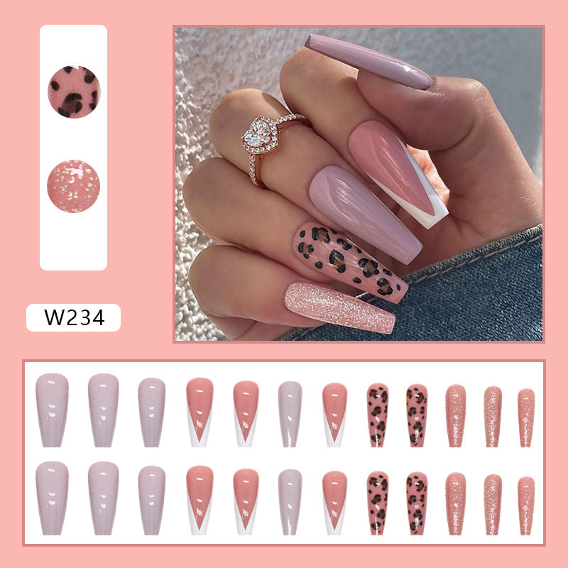 Taro Milk Long Wearable Nails Simple French Leopard Print with Glitter