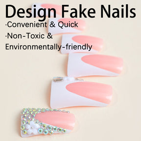 Faux French Duckbill Nail Tips with Rhinestones and Flowers