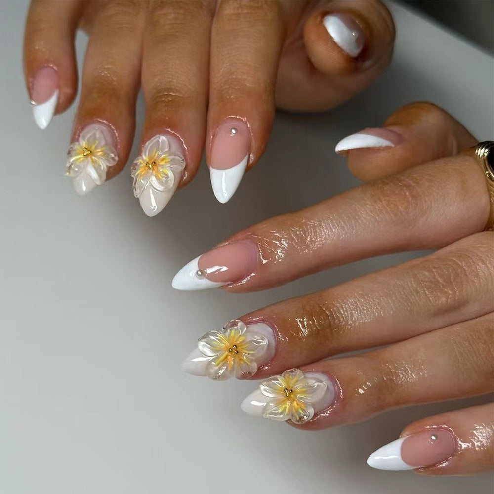 Simple French White Nails with 3D Sunflower Design