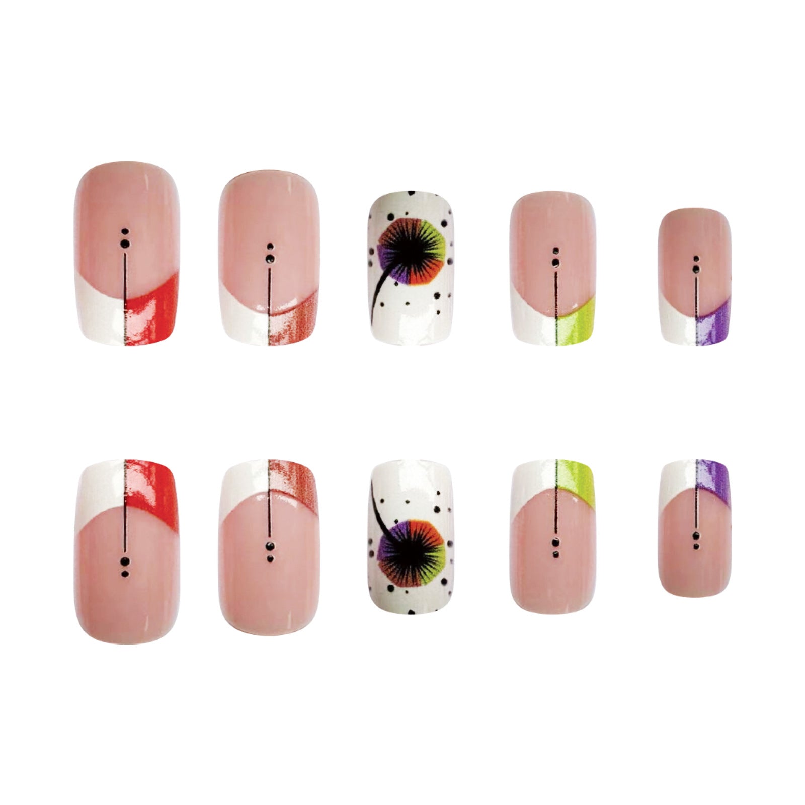 White Color Block French Square Nails with Fireworks and Polka Dots