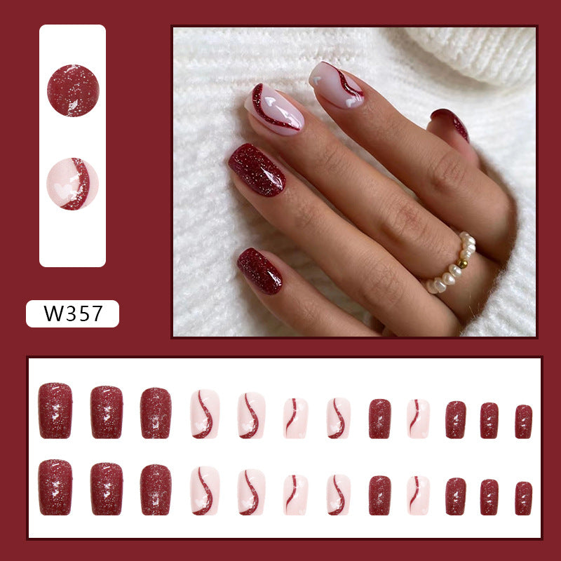 Square Flash Cherry Red Nails, Heart Pattern, Ins Style, Wholesale